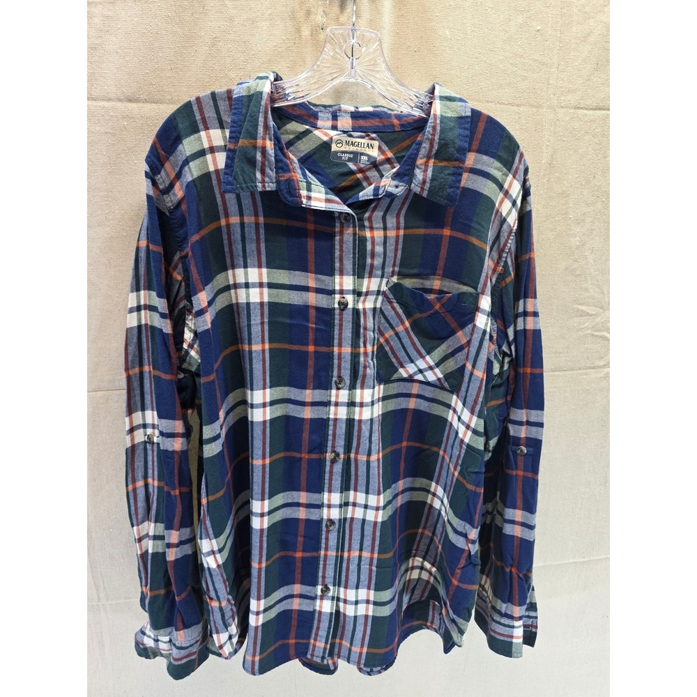 Magellan Outdoors Mens XXL Plaid Button Down Shirt Navy Green Orange Classic Fit